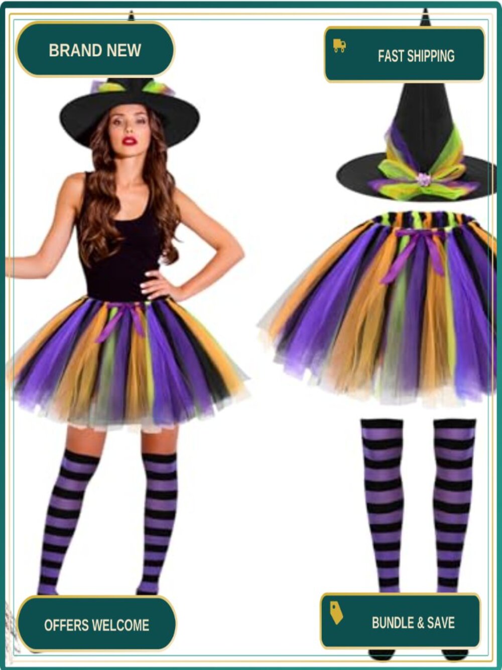 Witch Costume Set Tutu Skirt Witch Hat Striped Tights Halloween Outfit